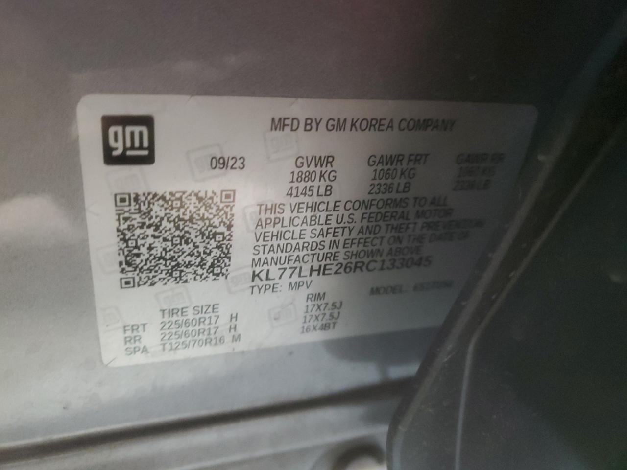 2024 CHEVROLET TRAX 1LT VIN:KL77LHE26RC133045