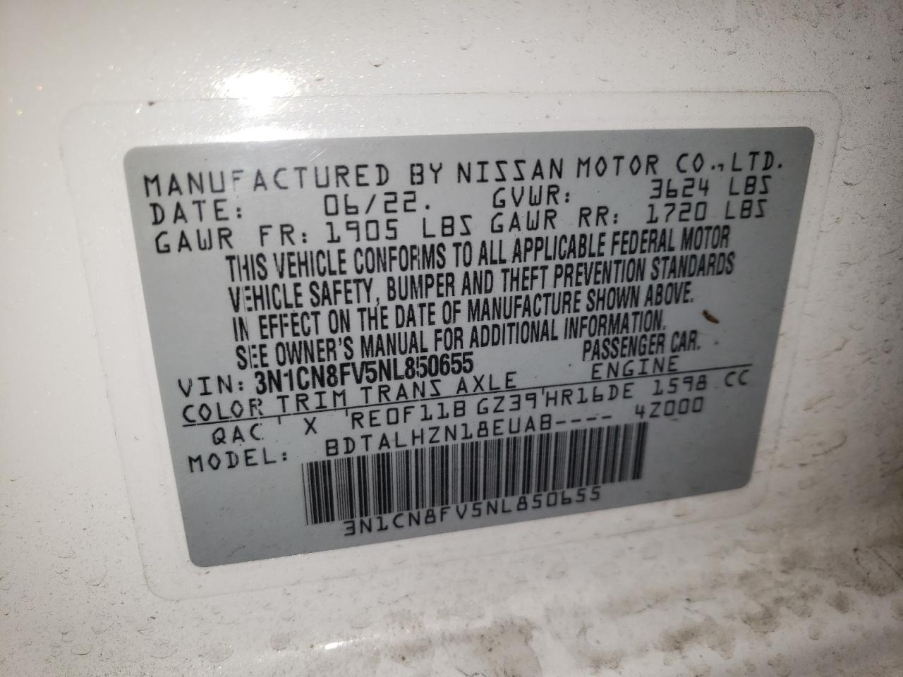 2022 NISSAN VERSA SR VIN:3N1CN8FV5NL850655