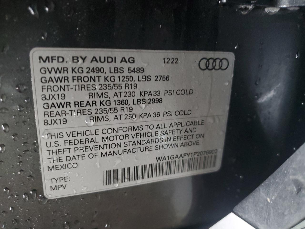 2023 AUDI Q5 PREMIUM 45 VIN:WA1GAAFY1P2076902