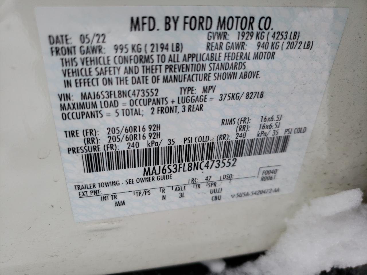 2022 FORD ECOSPORT S VIN:MAJ6S3FL8NC473552