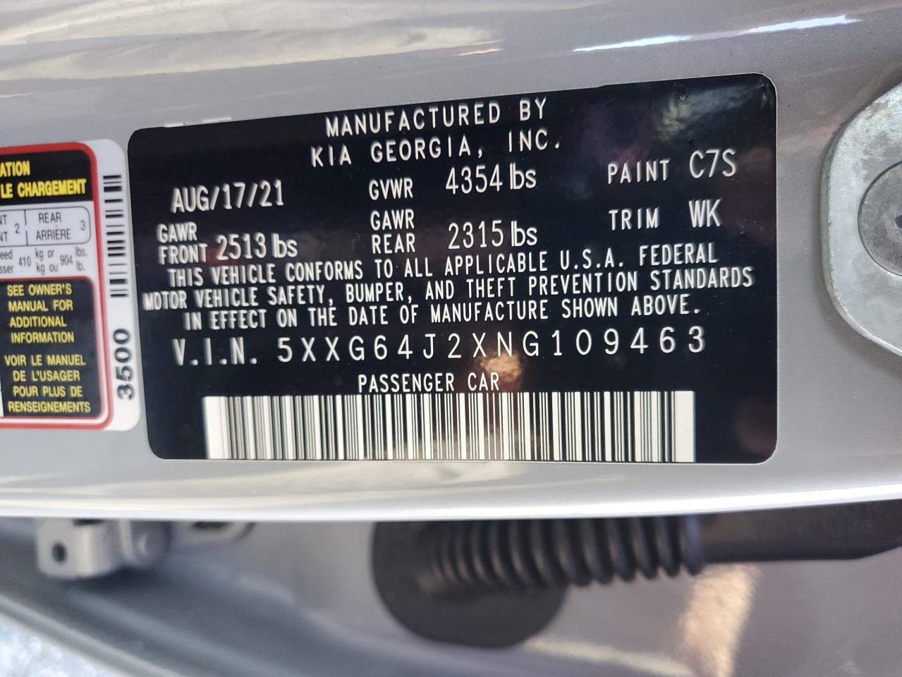 2022 KIA K5 GT LINE VIN:5XXG64J2XNG109463