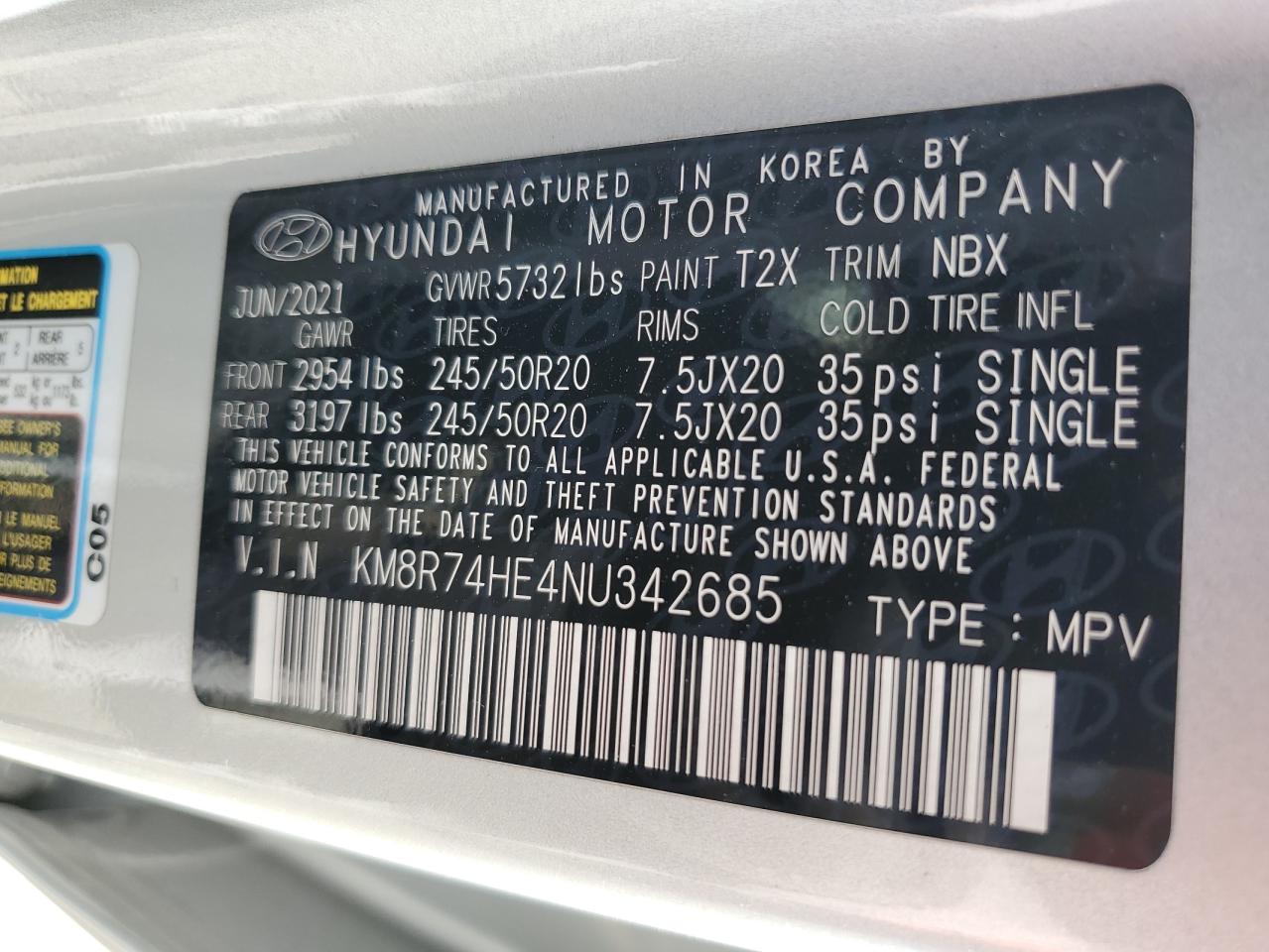 2022 HYUNDAI PALISADE CALLIGRAPHY VIN:KM8R74HE4NU342685