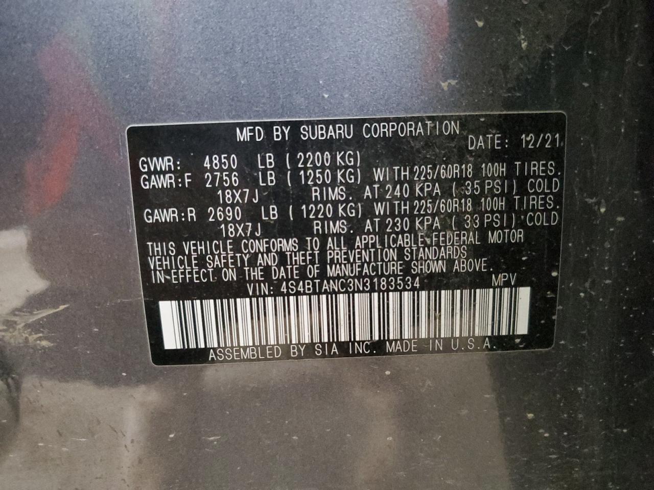 2022 SUBARU OUTBACK LIMITED VIN:4S4BTANC3N3183534