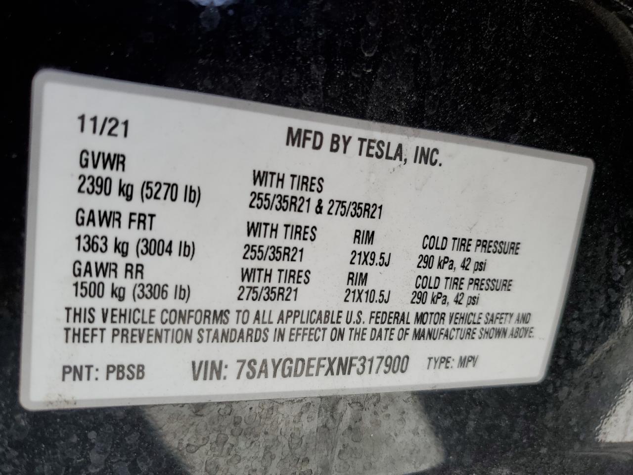 2022 TESLA MODEL Y  VIN:7SAYGDEFXNF317900