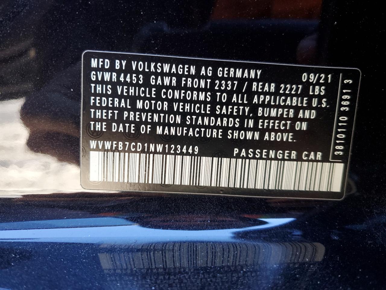2022 VOLKSWAGEN GOLF R  VIN:WVWFB7CD1NW123449