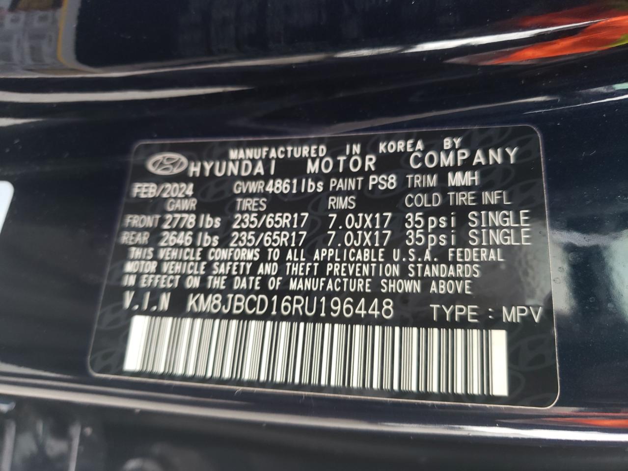 2024 HYUNDAI TUCSON BLUE VIN:KM8JBCD16RU196448
