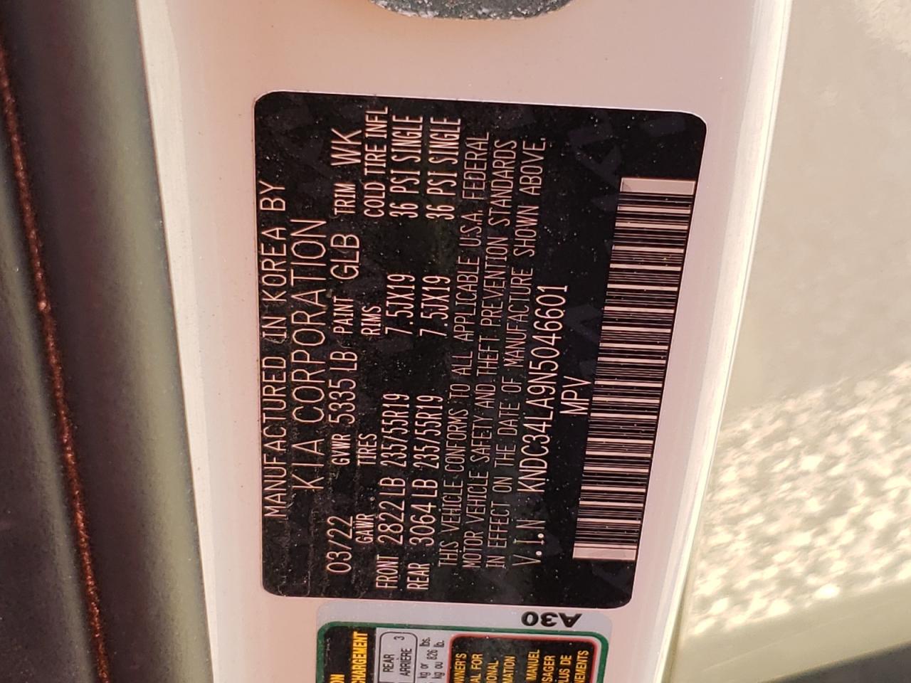 2022 KIA EV6 LIGHT VIN:KNDC34LA9N5046601