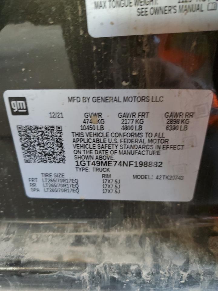 2022 GMC SIERRA K2500 SLE VIN:1GT49ME74NF198882