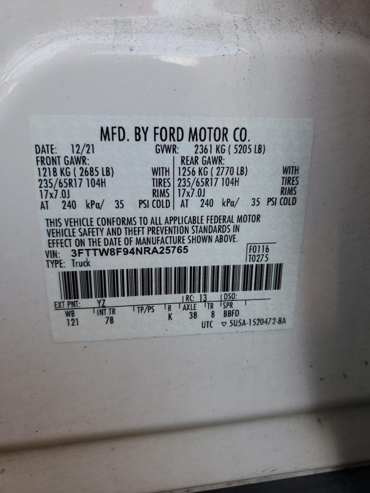 2022 FORD MAVERICK XL VIN:3FTTW8F94NRA25765