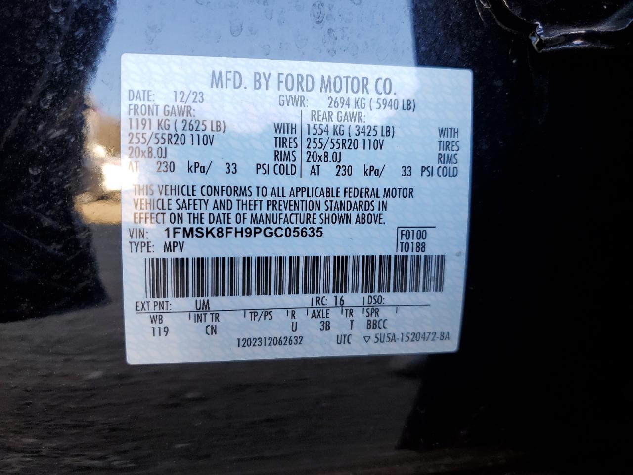 2023 FORD EXPLORER LIMITED VIN:1FMSK8FH9PGC05635