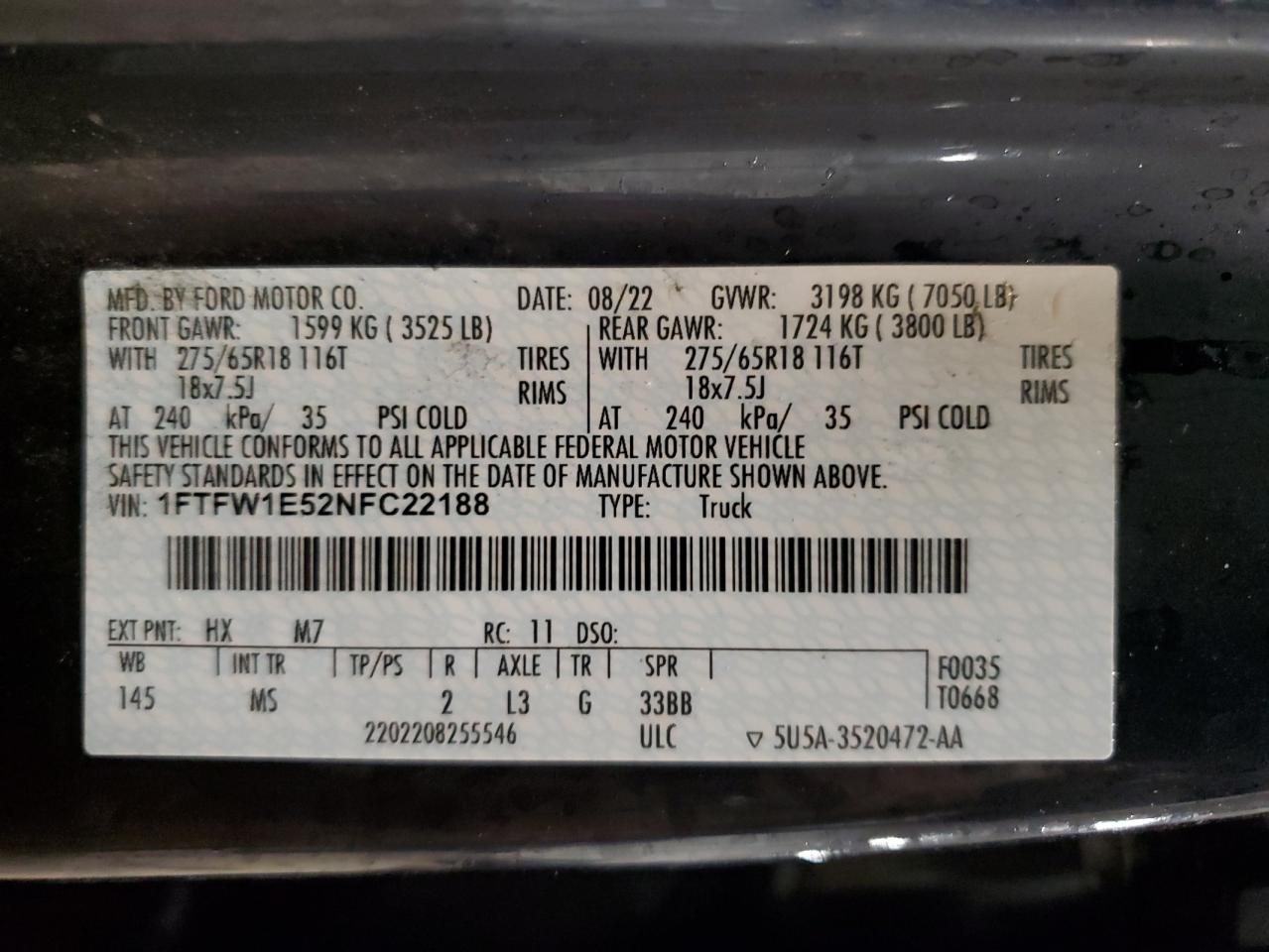 2022 FORD F150 SUPERCREW VIN:1FTFW1E52NFC22188