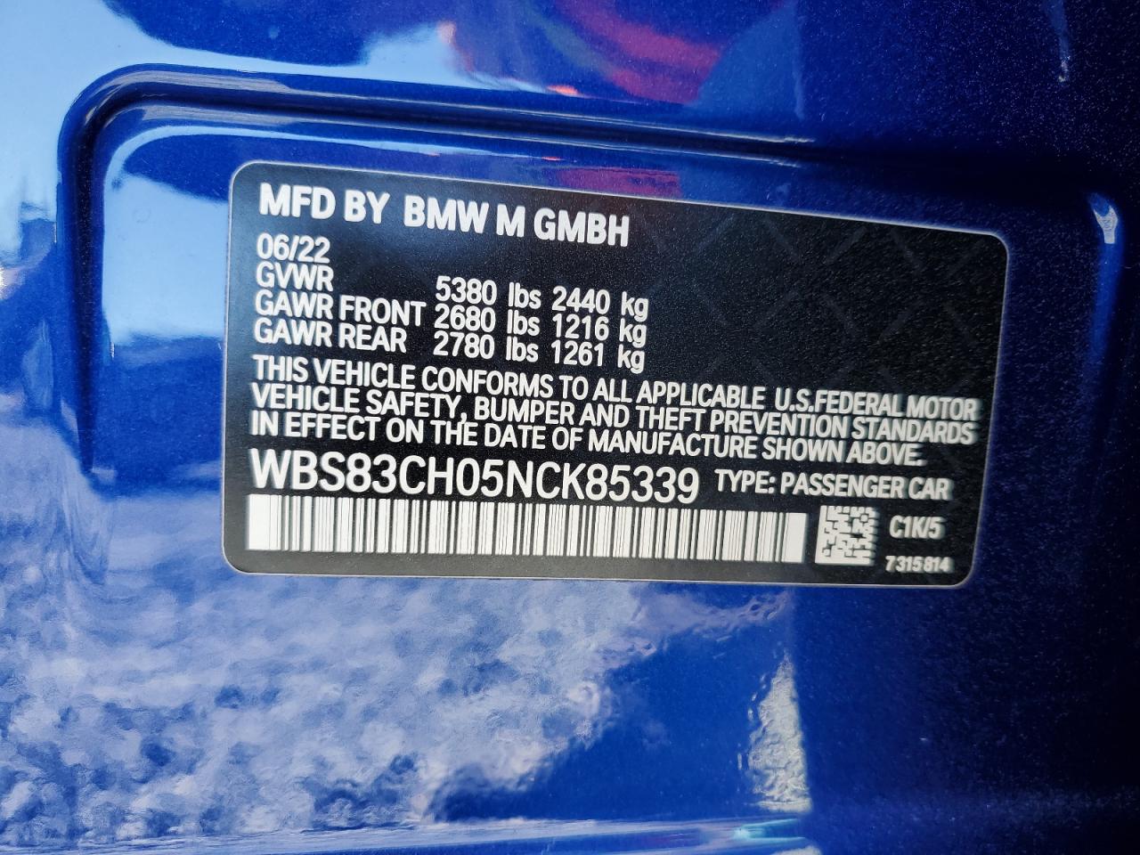 2022 BMW M5  VIN:WBS83CH05NCK85339