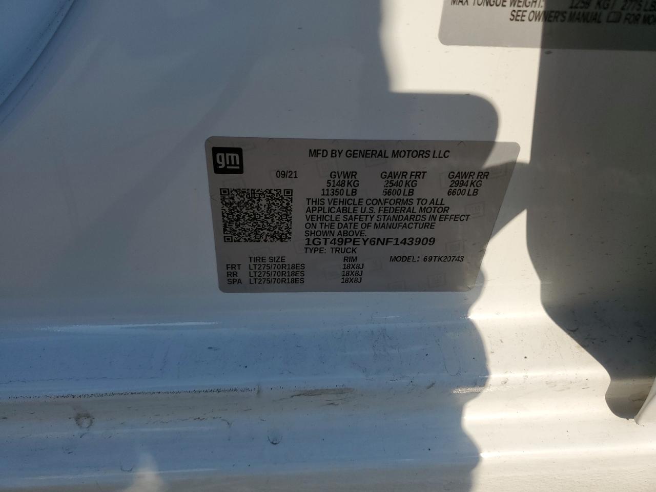 2022 GMC SIERRA K2500 AT4 VIN:1GT49PEY6NF143909