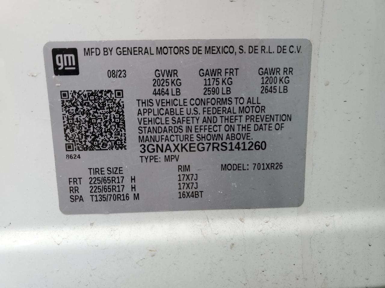 2024 CHEVROLET EQUINOX LT VIN:3GNAXKEG7RS141260