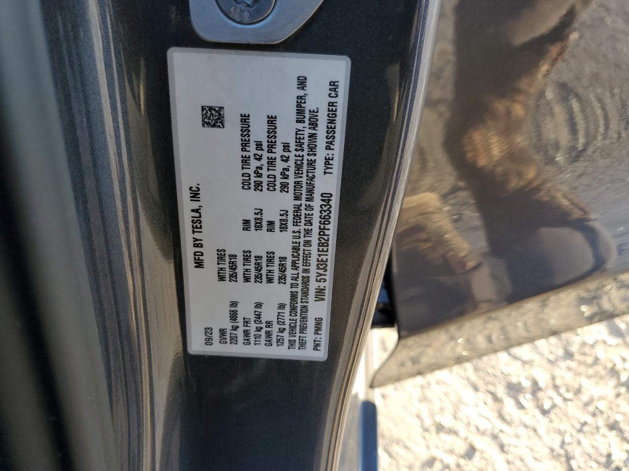2023 TESLA MODEL 3  VIN:5YJ3E1EB2PF663340