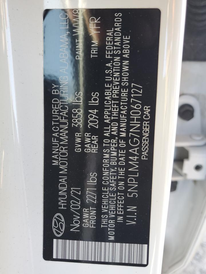 2022 HYUNDAI ELANTRA SEL VIN:5NPLM4AG7NH067127