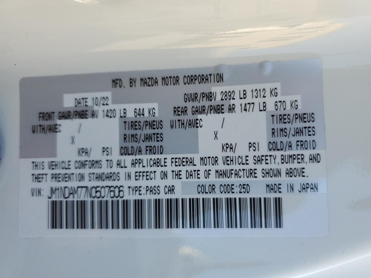 2022 MAZDA MX-5 MIATA GRAND TOURING VIN:JM1NDAM77N0507606