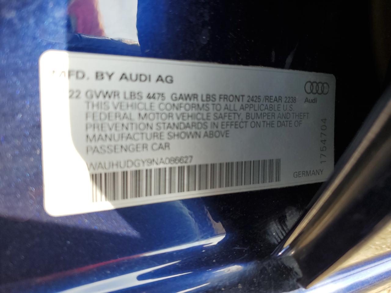 2022 AUDI A3 PREMIUM PLUS VIN:WAUHUDGY9NA086627