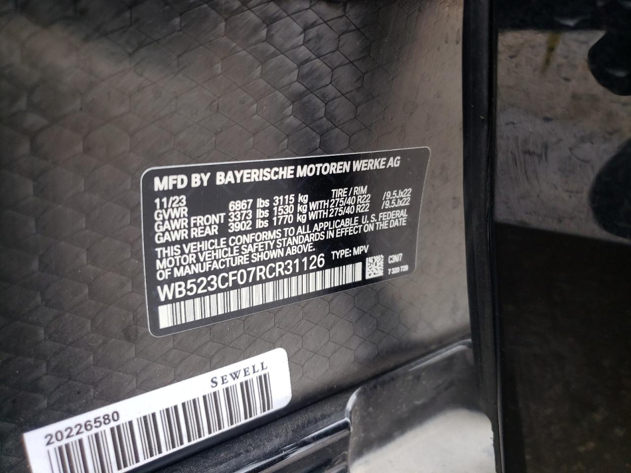 2024 BMW IX XDRIVE50 VIN:WB523CF07RCR31126