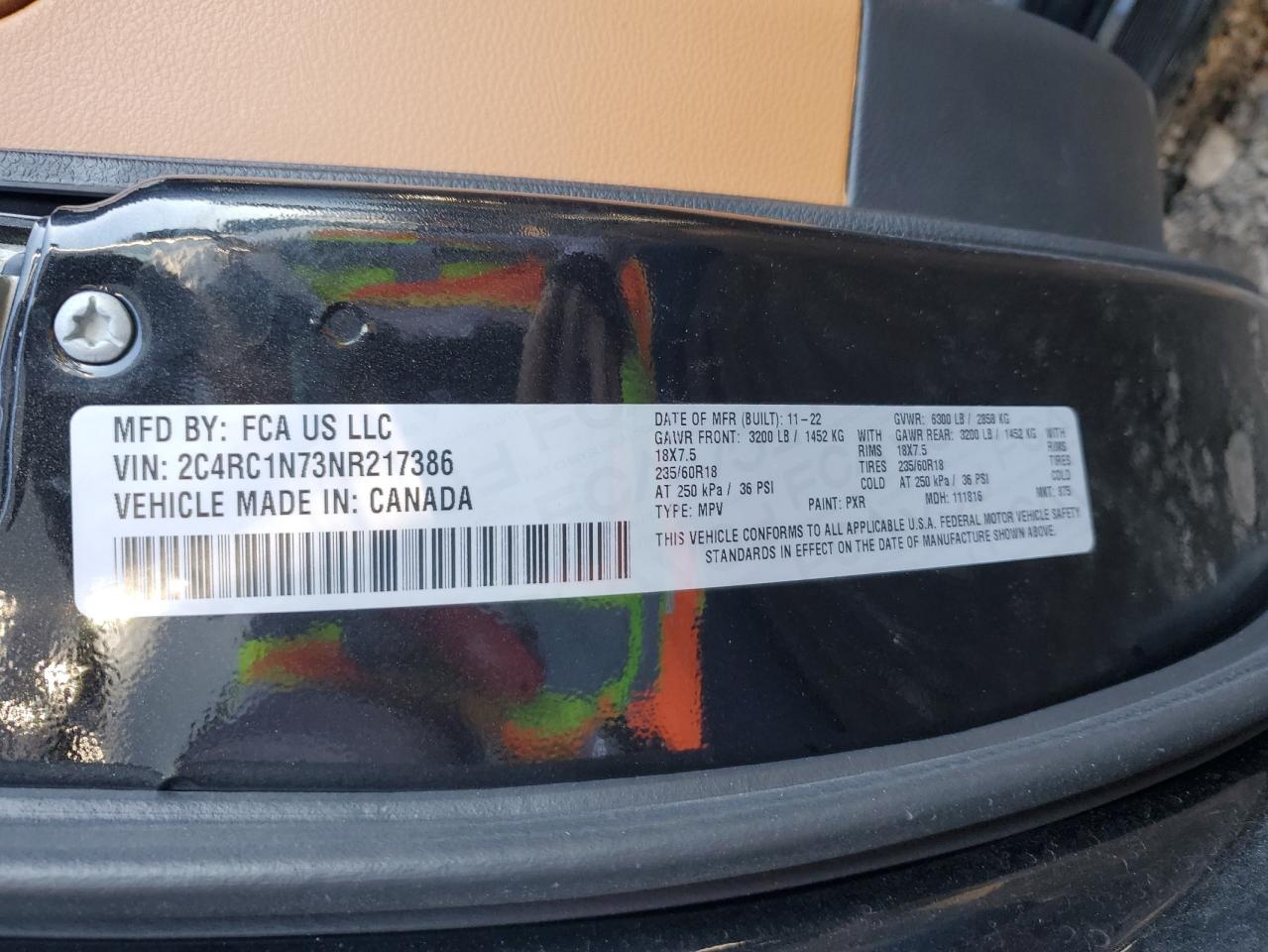 2022 CHRYSLER PACIFICA HYBRID PINNACLE VIN:2C4RC1N73NR217386