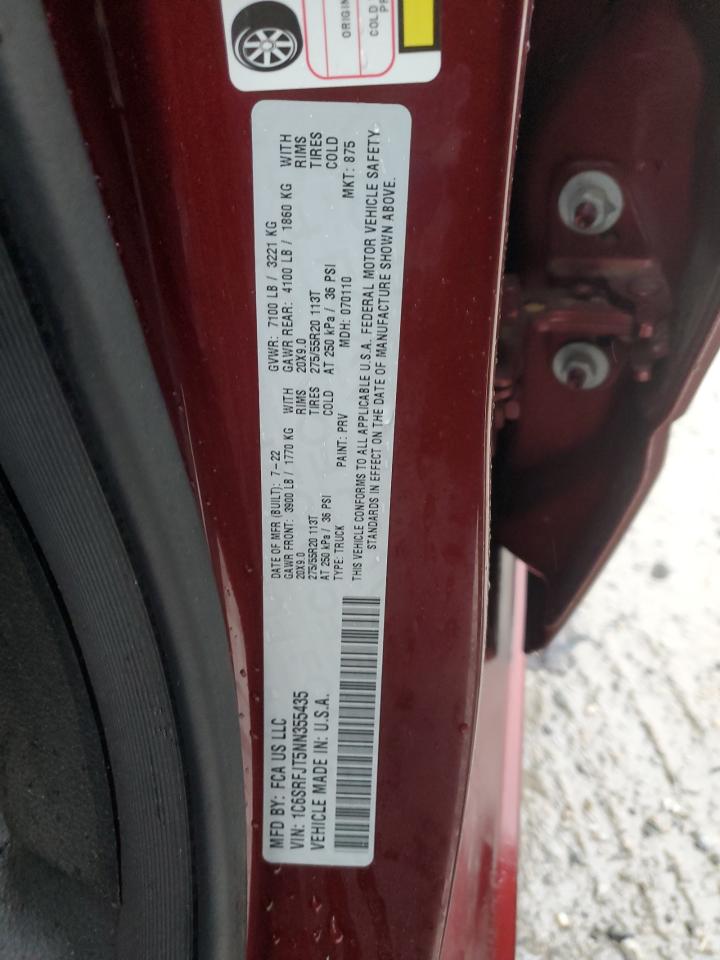 2022 RAM 1500 LARAMIE VIN:1C6SRFJT5NN355435