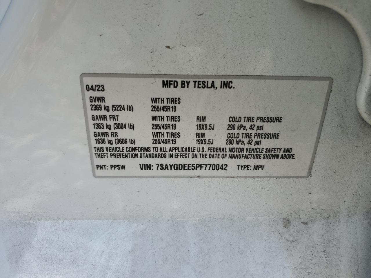 2023 TESLA MODEL Y  VIN:7SAYGDEE5PF770042