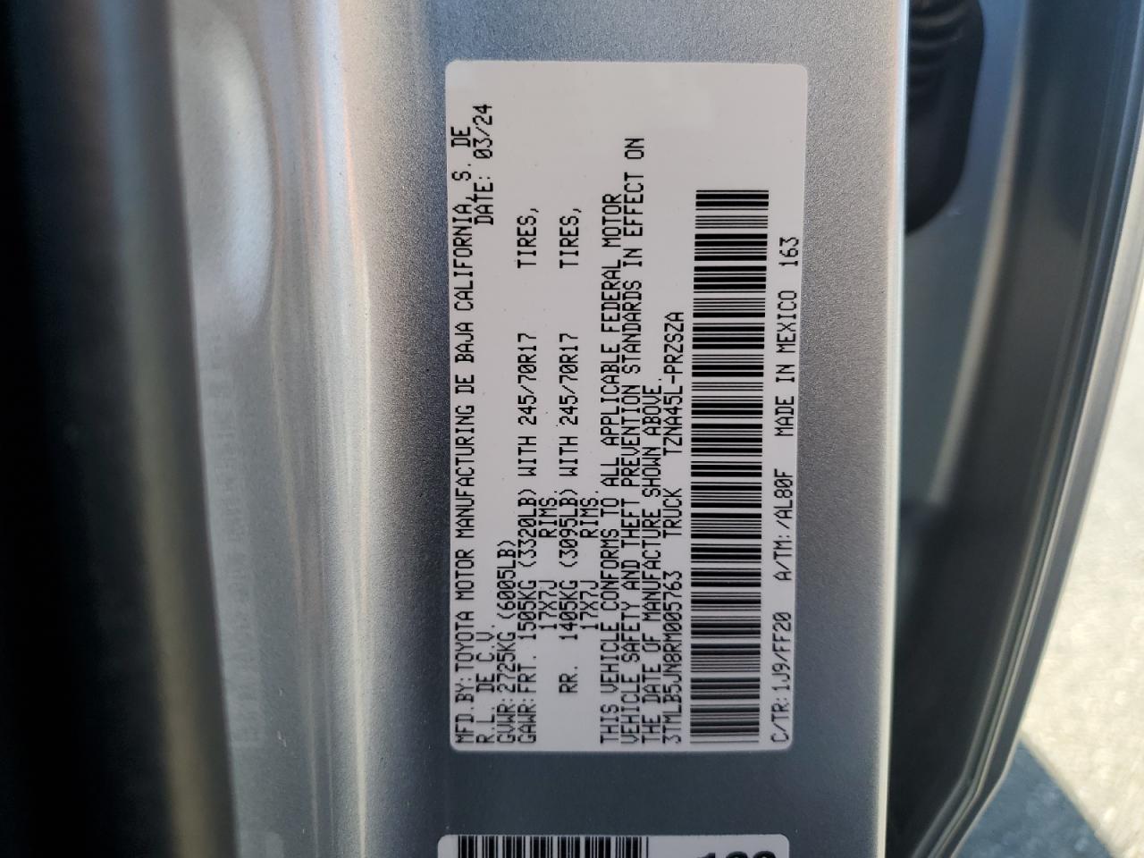 2024 TOYOTA TACOMA DOUBLE CAB VIN:3TMLB5JN8RM005763