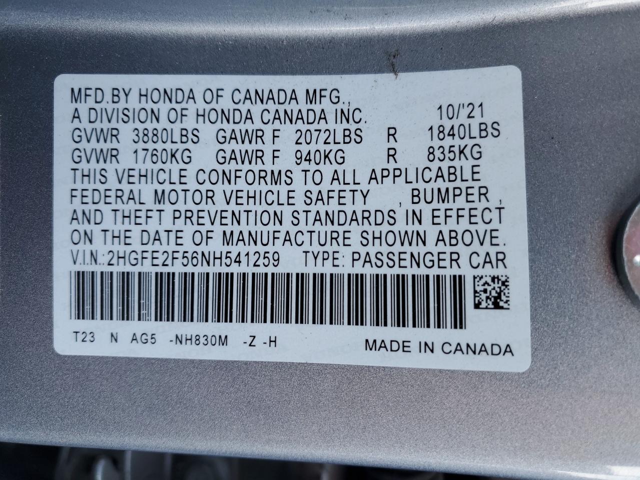2022 HONDA CIVIC SPORT VIN:2HGFE2F56NH541259