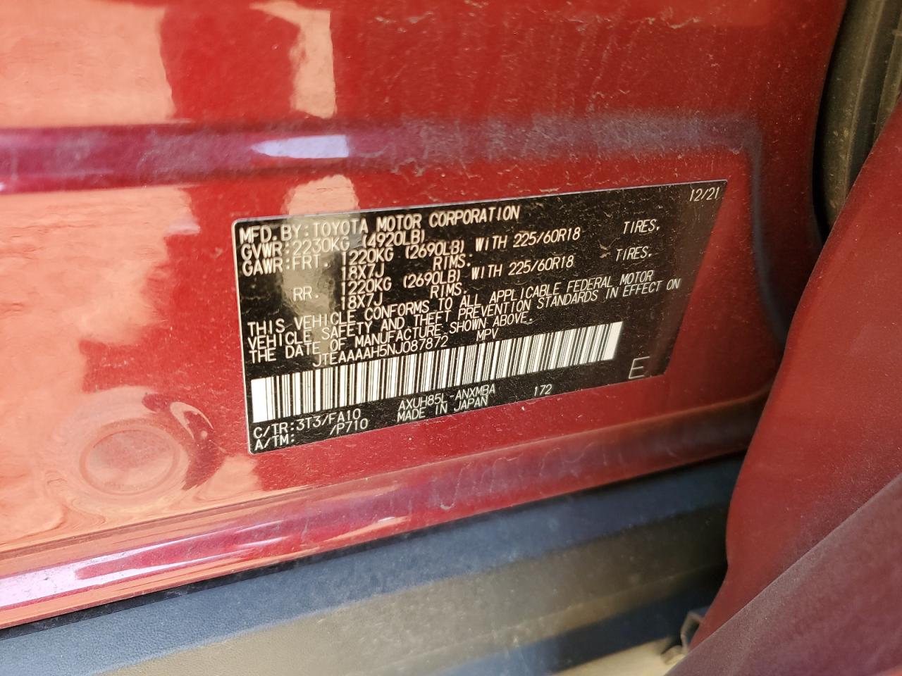 2022 TOYOTA VENZA LE VIN:JTEAAAAH5NJ087872