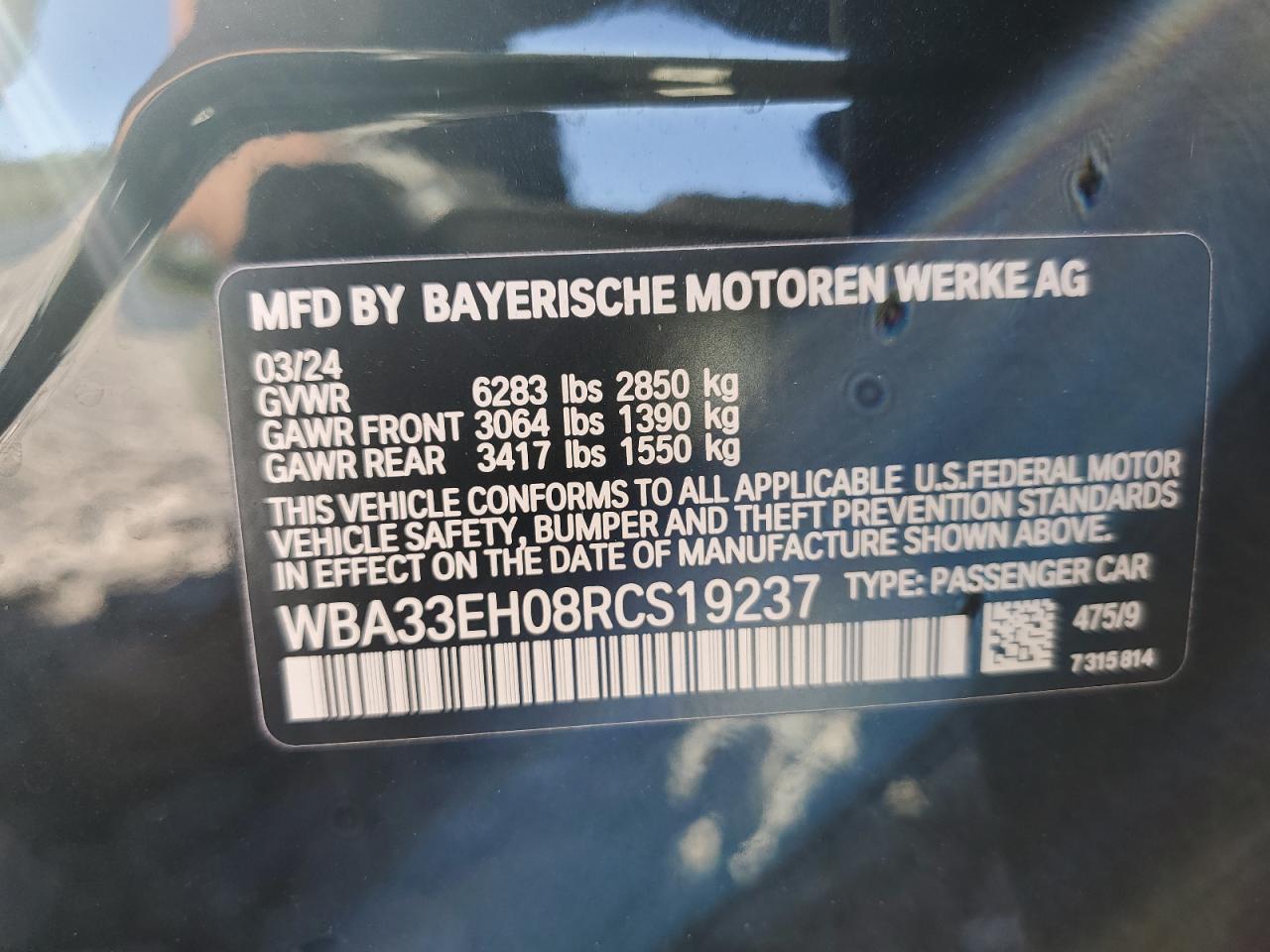 2024 BMW 740 XI VIN:WBA33EH08RCS19237