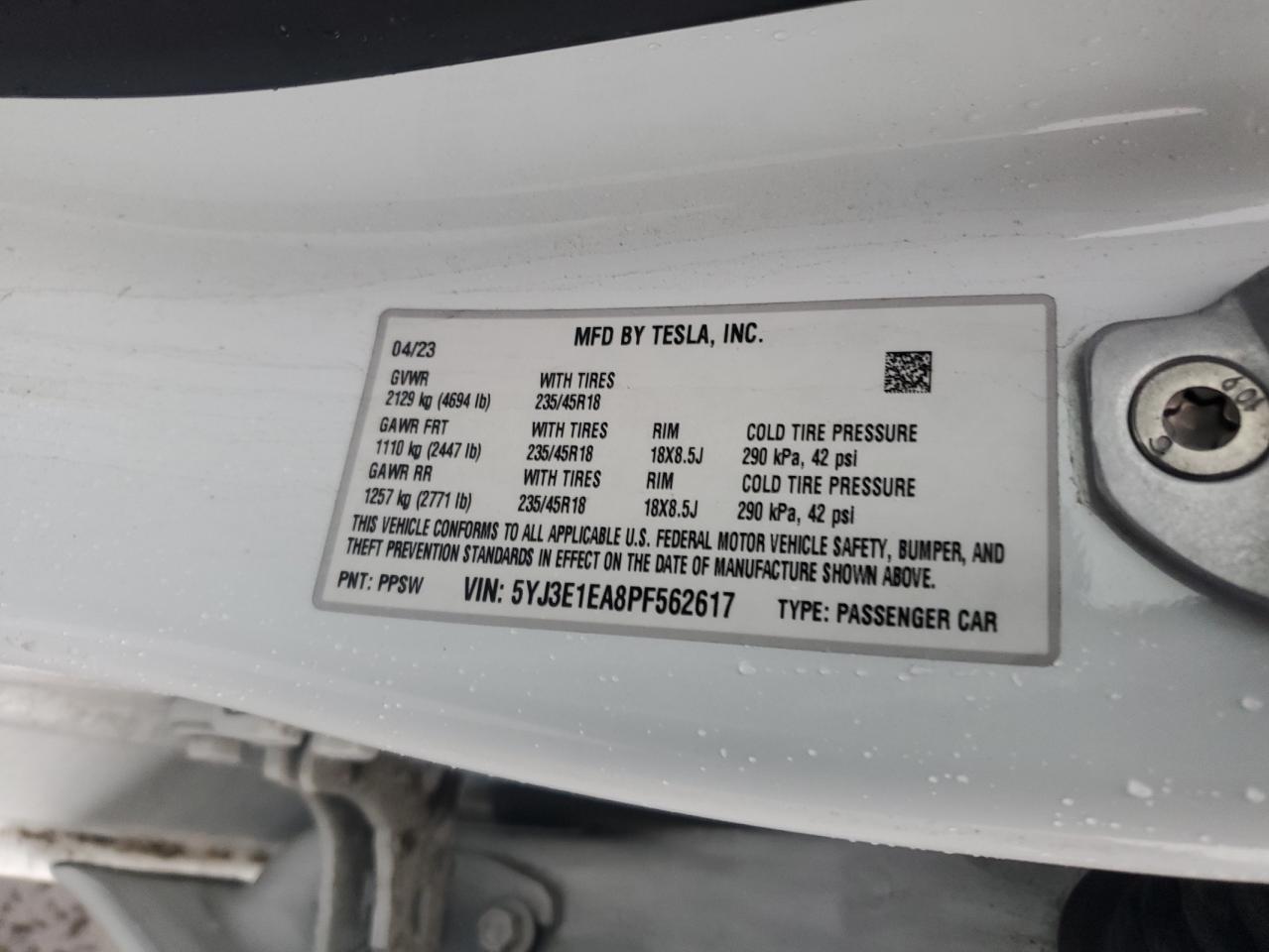 2023 TESLA MODEL 3  VIN:5YJ3E1EA8PF562617