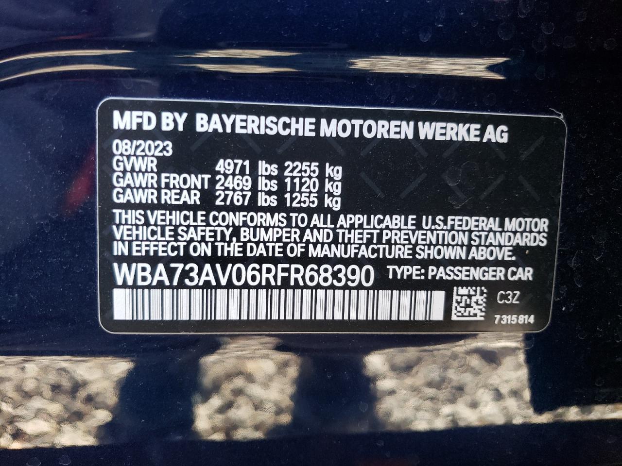 2024 BMW 430XI GRAN COUPE VIN:WBA73AV06RFR68390