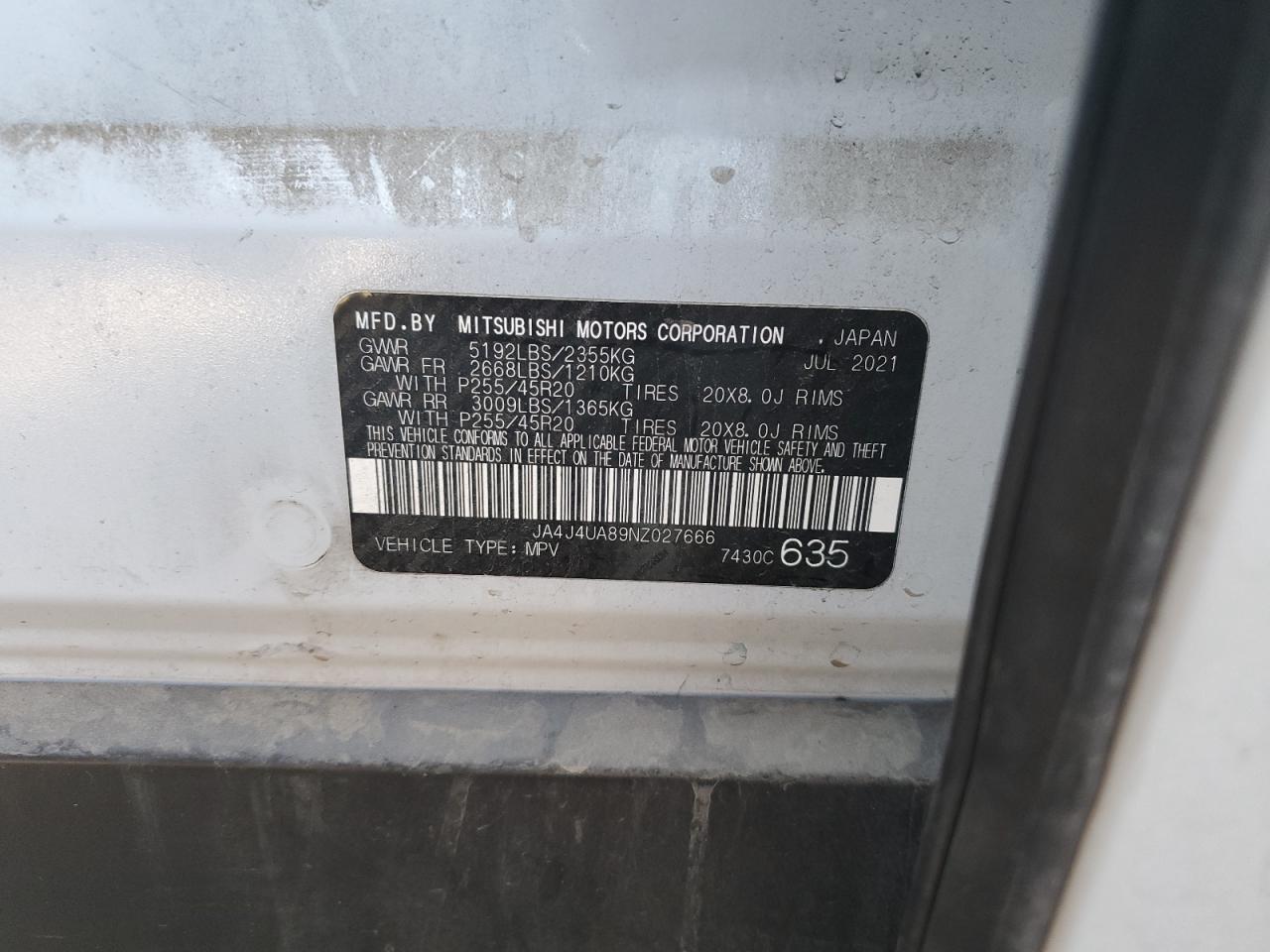 2022 MITSUBISHI OUTLANDER SE VIN:JA4J4UA89NZ027666