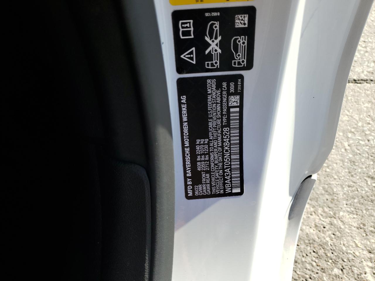 2022 BMW 430XI  VIN:WBA43AT05NCK84528