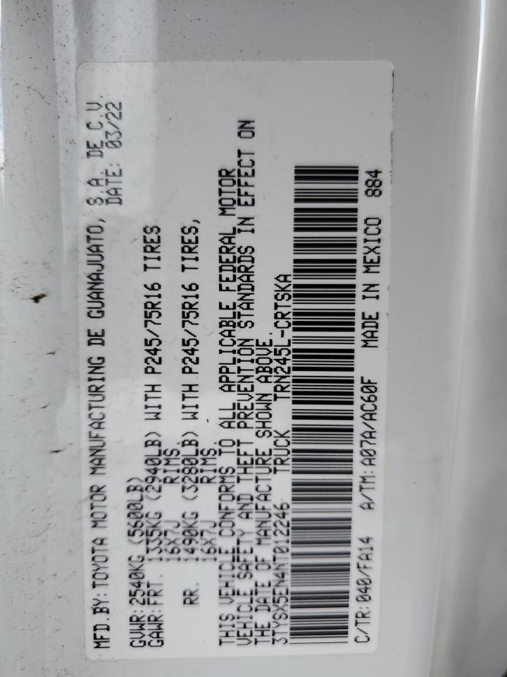 2022 TOYOTA TACOMA ACCESS CAB VIN:3TYSX5EN4NT012246