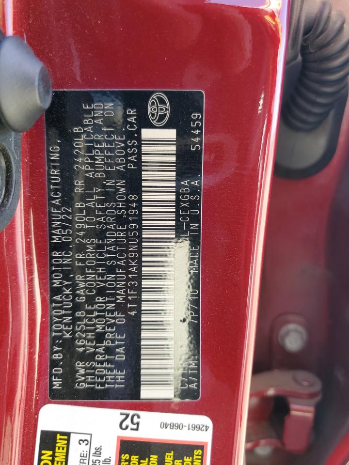 2022 TOYOTA CAMRY XLE VIN:4T1F31AK9NU591948