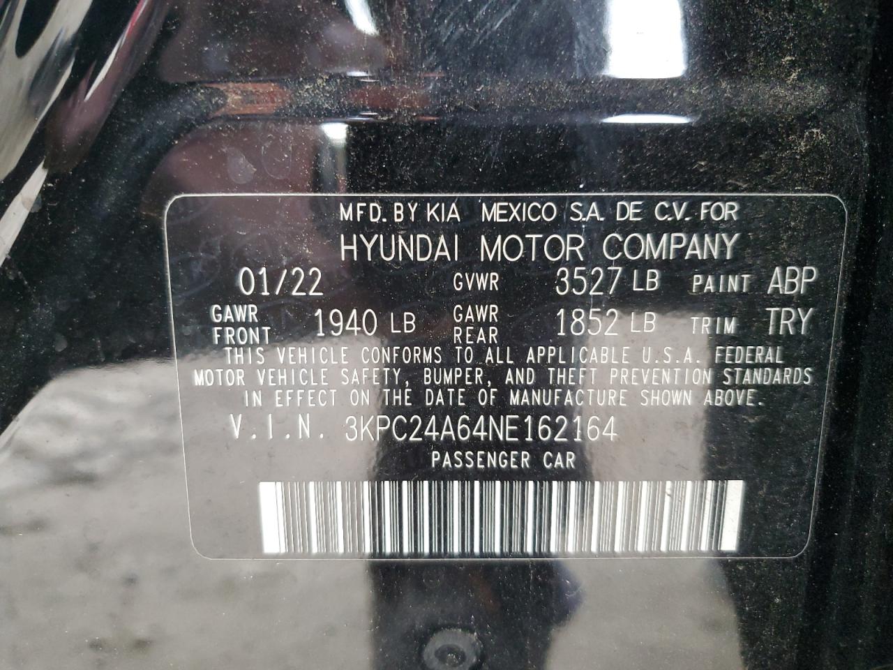 2022 HYUNDAI ACCENT SE VIN:3KPC24A64NE162164