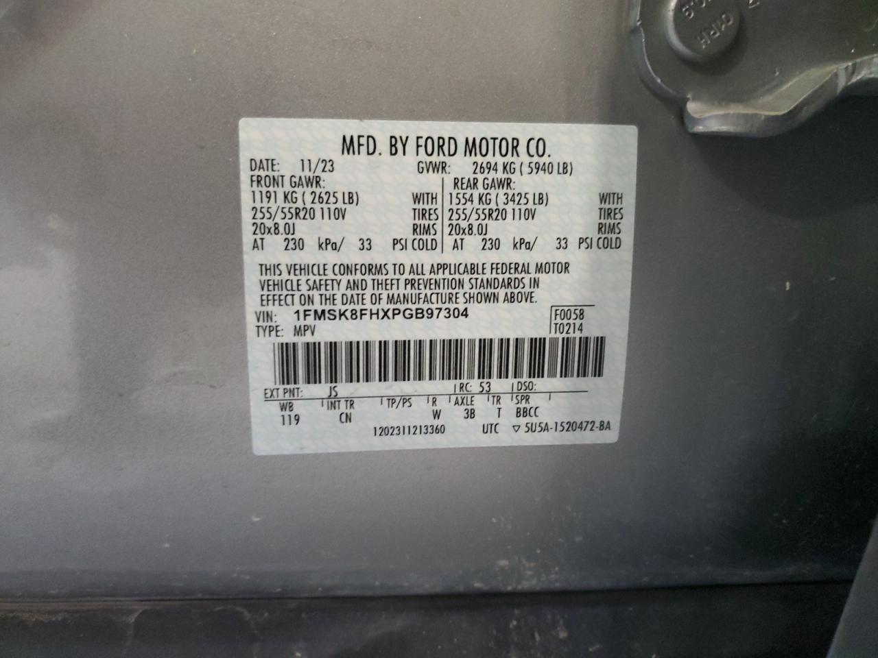 2023 FORD EXPLORER LIMITED VIN:1FMSK8FHXPGB97304