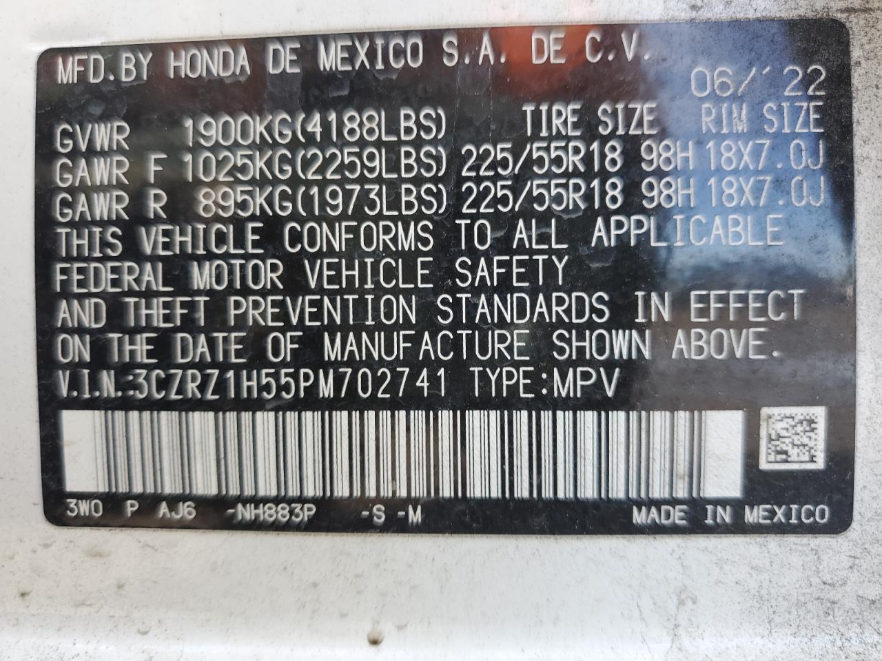 2023 HONDA HR-V SPORT VIN:3CZRZ1H55PM702741