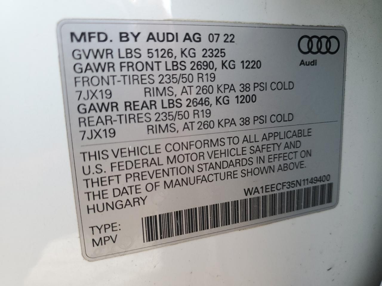 2022 AUDI Q3 PREMIUM PLUS S LINE 45 VIN:WA1EECF35N1149400