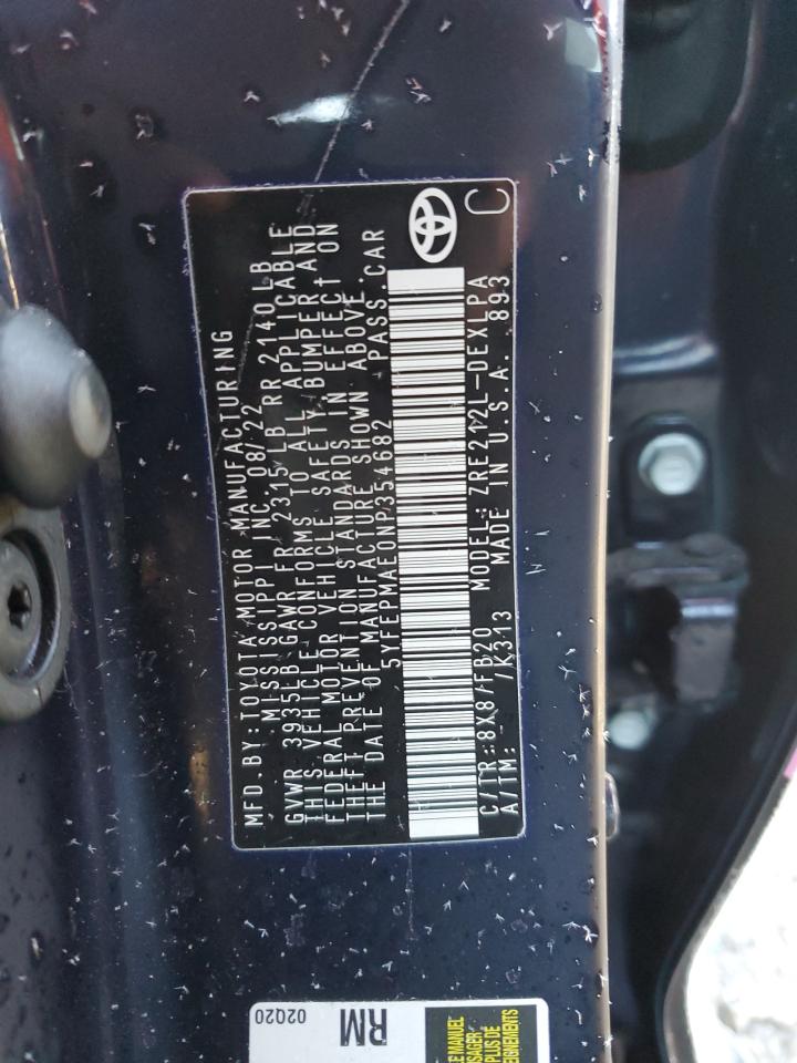 2022 TOYOTA COROLLA LE VIN:5YFEPMAE0NP354682