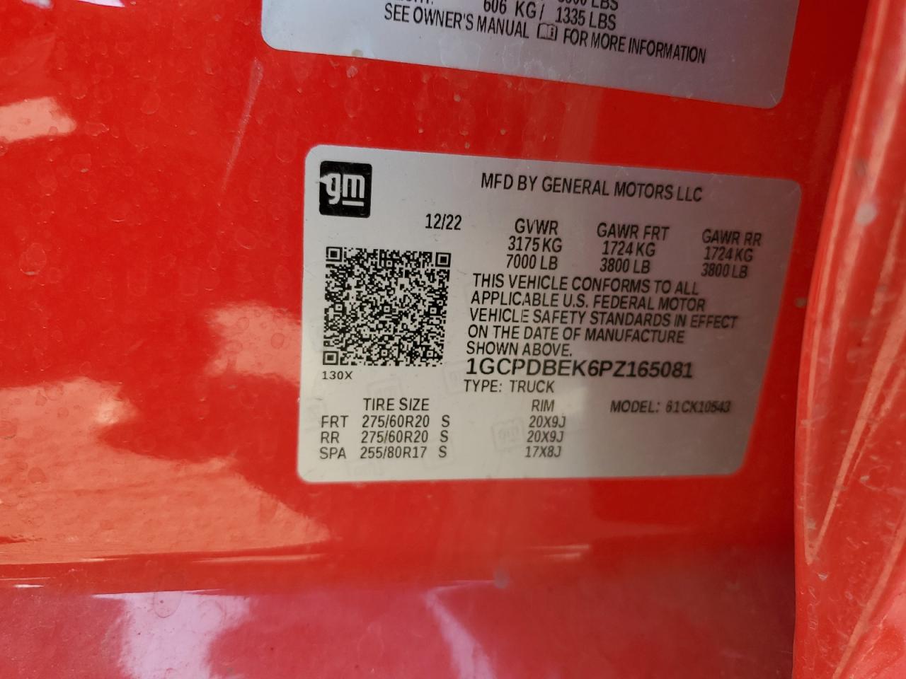 2023 CHEVROLET SILVERADO K1500 CUSTOM VIN:1GCPDBEK6PZ165081