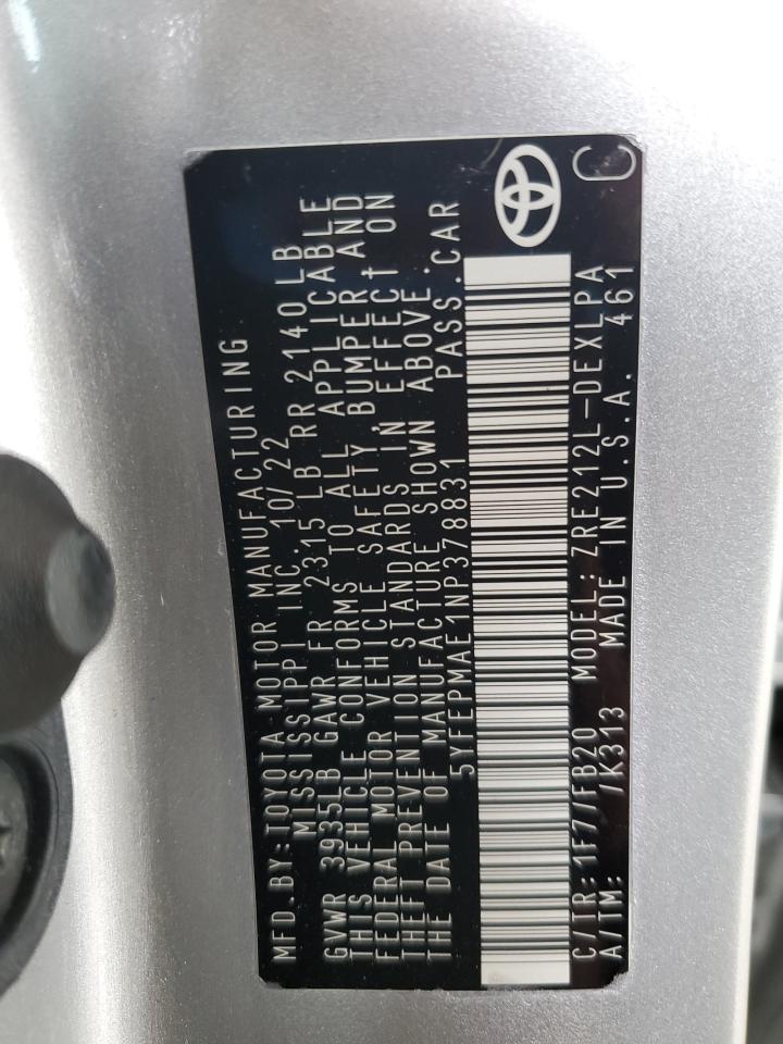 2022 TOYOTA COROLLA LE VIN:5YFEPMAE1NP378831