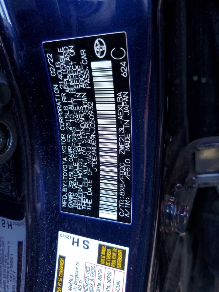 2022 TOYOTA COROLLA LE VIN:JTDEAMDE9NJ050932