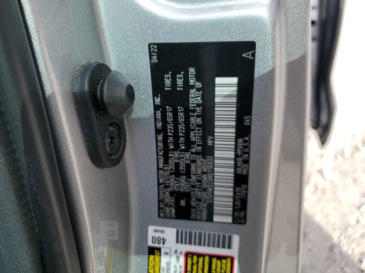 2022 TOYOTA SIENNA XLE VIN:5TDYRKECXNS116933