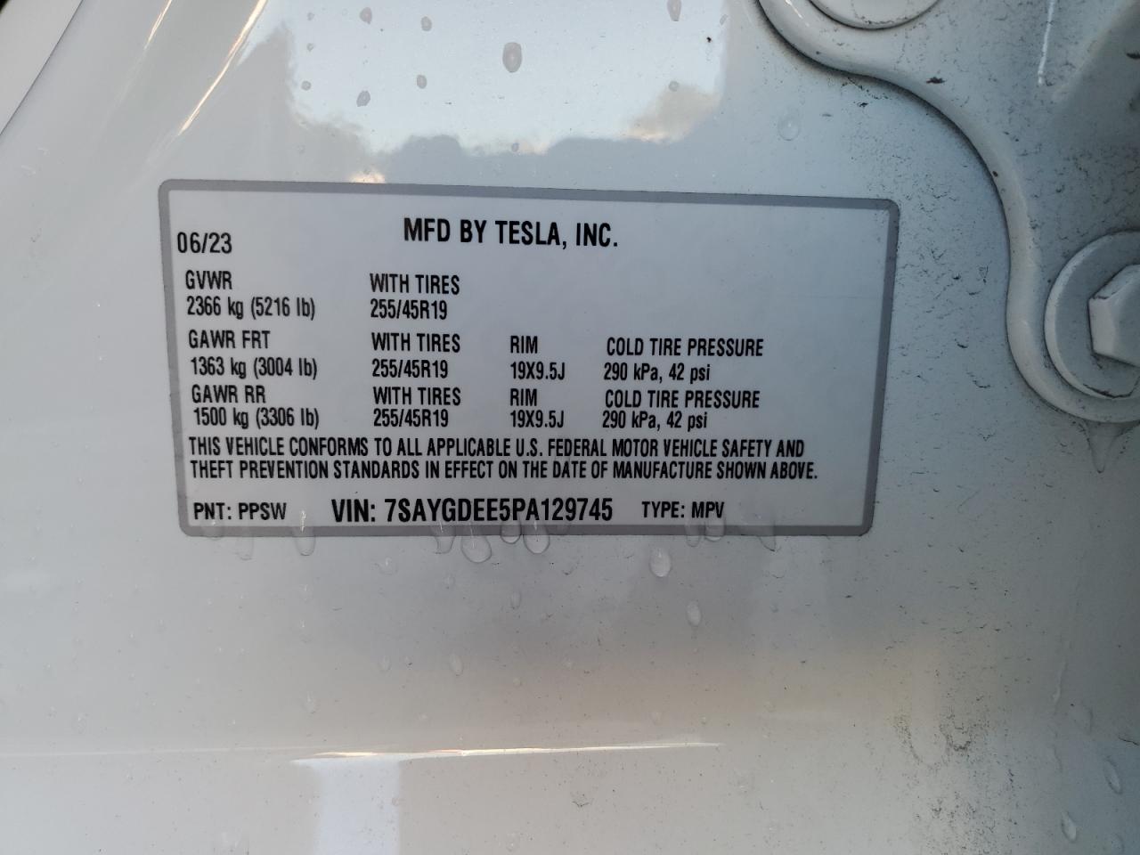 2023 TESLA MODEL Y  VIN:7SAYGDEE5PA129745