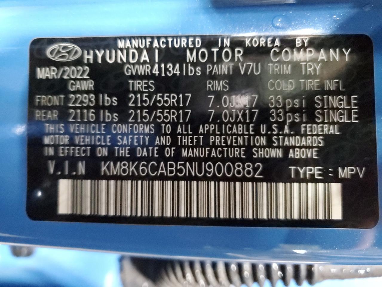 2022 HYUNDAI KONA SEL VIN:KM8K6CAB5NU900882