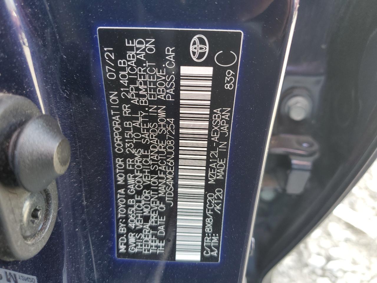 2022 TOYOTA COROLLA SE VIN:JTDS4MCE6NJ087254