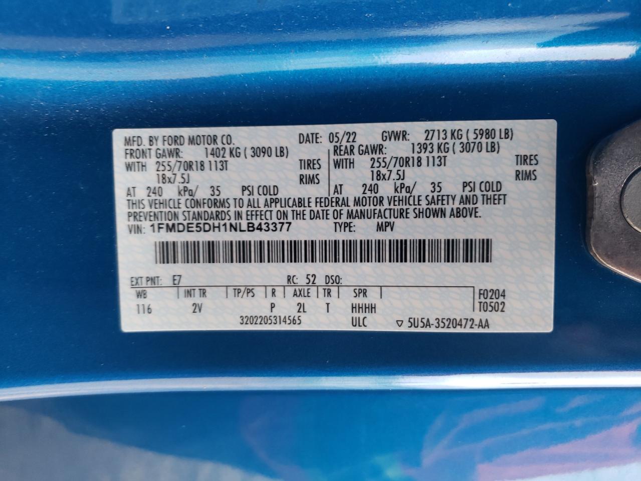2022 FORD BRONCO BASE VIN:1FMDE5DH1NLB43377