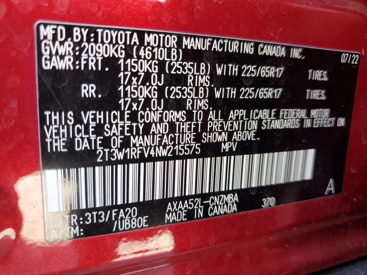 2022 TOYOTA RAV4 XLE VIN:2T3W1RFV4NW215575